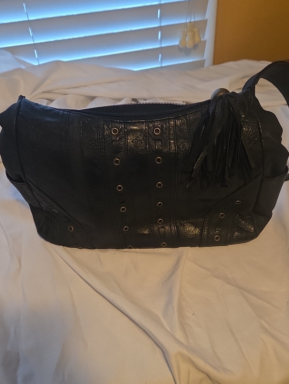 Covington Black Leather Eyelet Shoulder Bag with Tassel